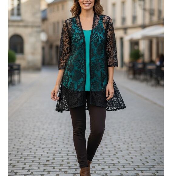 NWT ~ Women's 3 Piece Set ~ Teal Cami Black Lace Cardigan & Pants ~ Plus Size 3X - Picture 2 of 6
